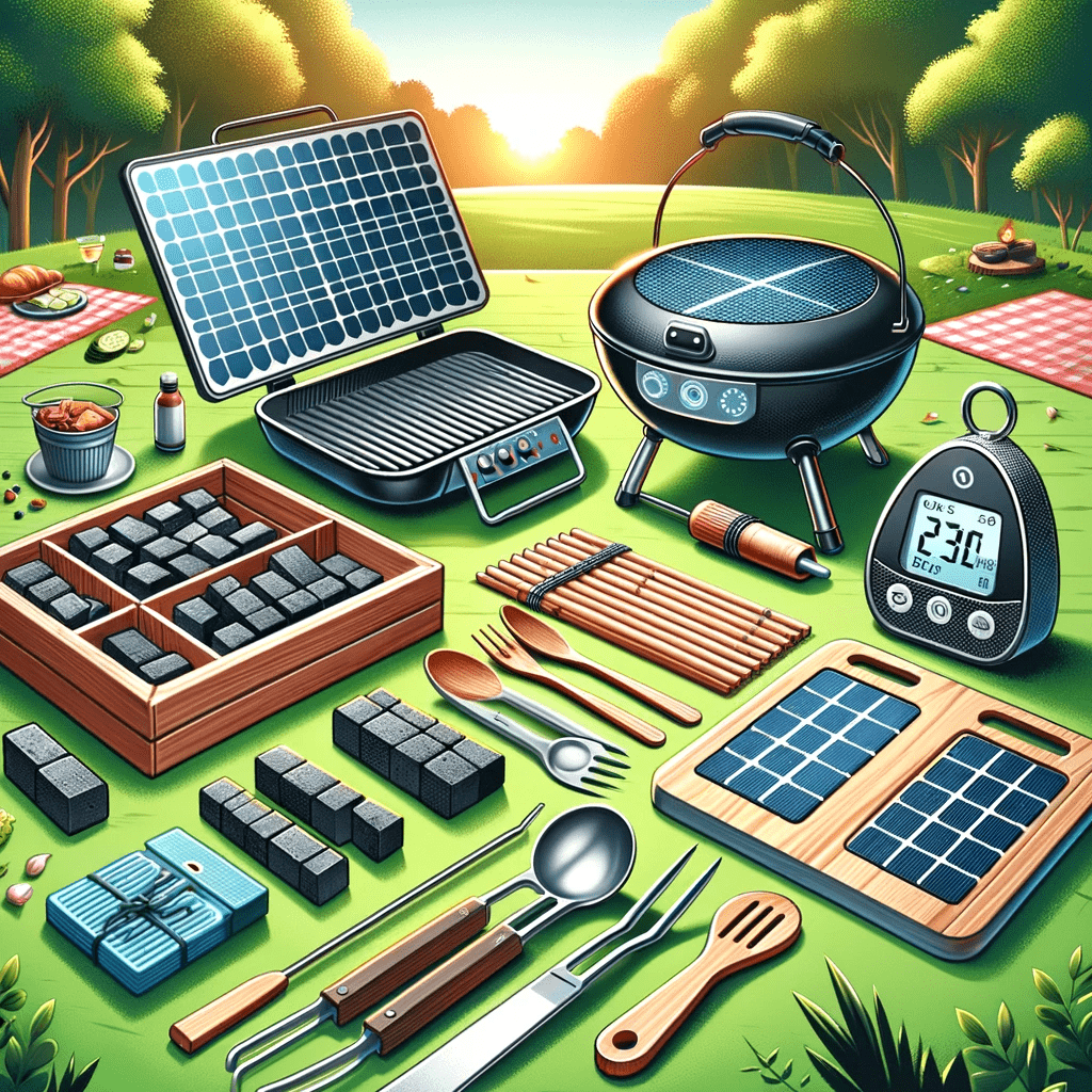 images showcasing a variety of grilling gadgets for sustainable cookouts. 