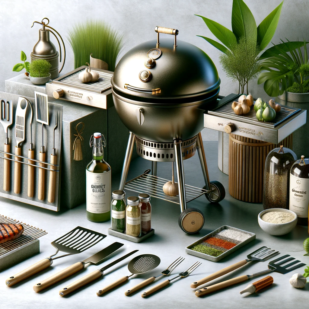 An upscale, sustainable BBQ setup, highlighting Sustainable gourmet grilling with a focus on eco-friendly practices and ingredients, showcasing a blend of luxury and sustainability in outdoor cooking.