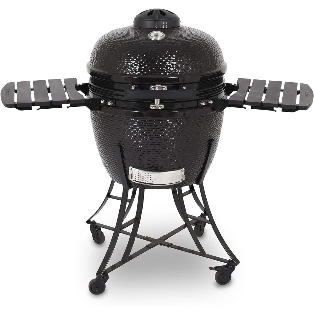 Pit 71220 Kamado BBQ Ceramic Grill Cooker, showcasing its heavy ceramic body, dual-tier grates, and foldable bamboo shelves for the ultimate grilling experience.