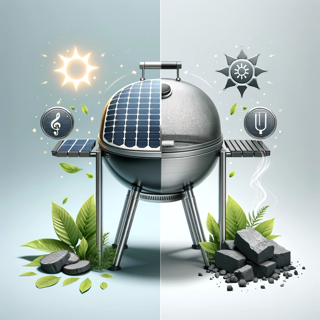 Advantages of Solar-Powered Grills over Traditional Grills". It features a side-by-side comparison, highlighting the sustainability and efficiency of solar-powered grilling.