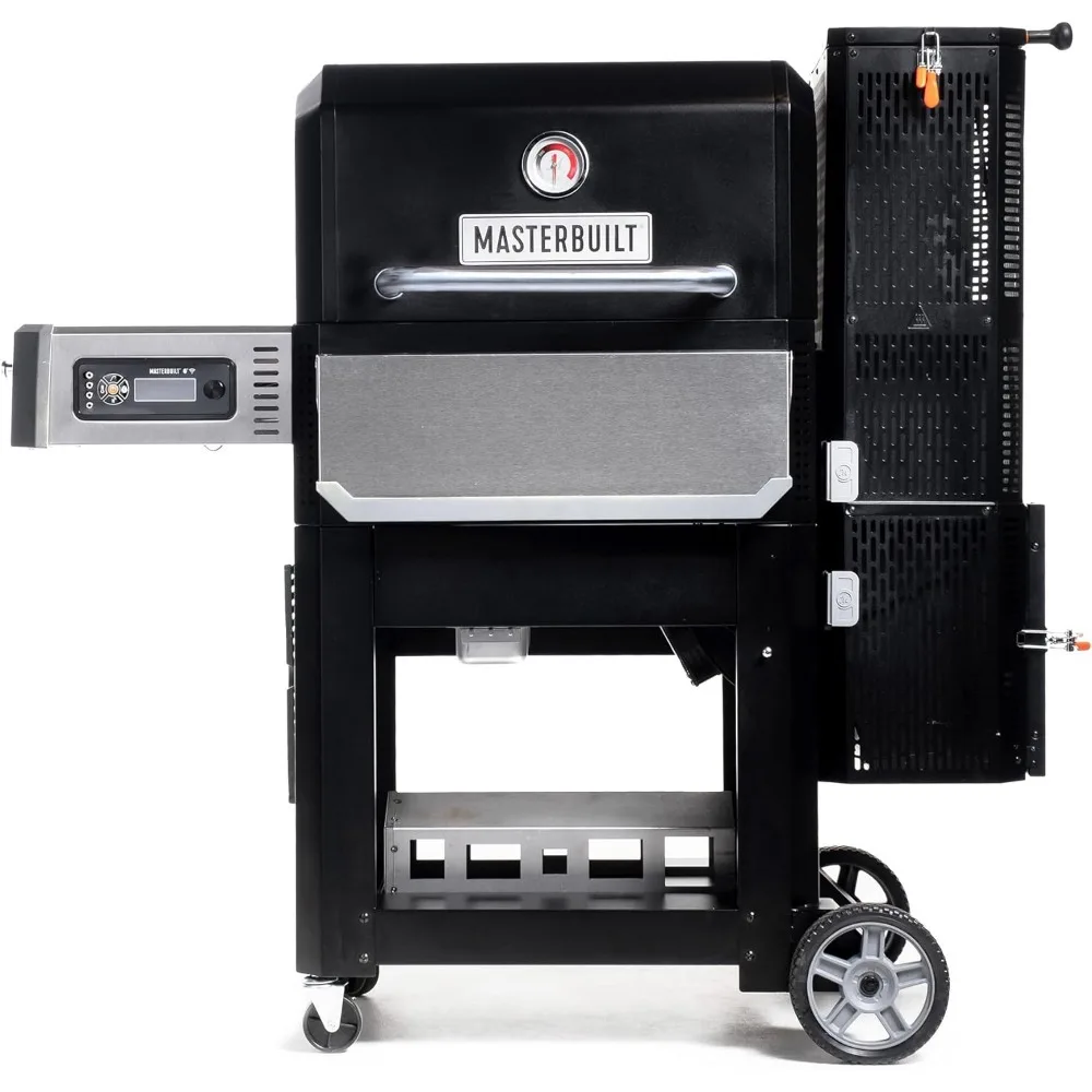 Masterbuilt Gravity Series 800 Charcoal Grill Smoker Combo in action, showcasing the sleek black design and digital features for the perfect BBQ experience