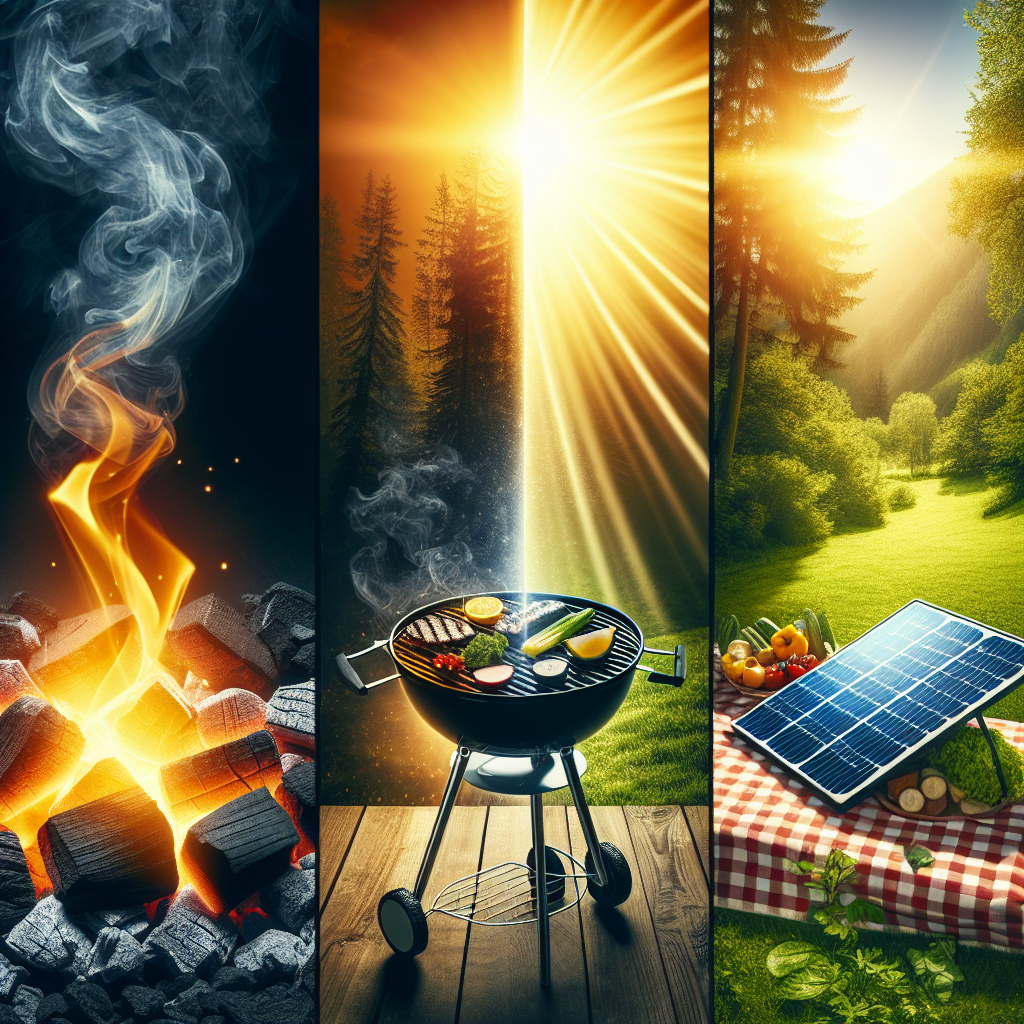 Range of sustainable grilling alternatives, including charcoal and solar-powered grills, showcasing eco-friendly BBQ solutions